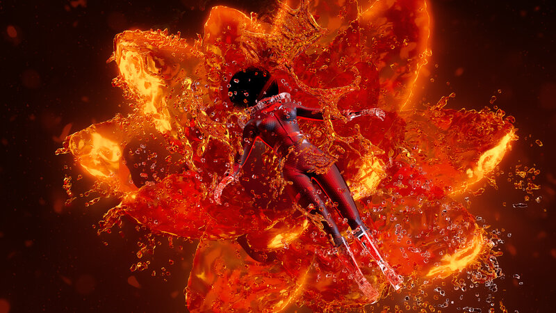 Person in Red Suit — Dramatic, Digital Art, Fire