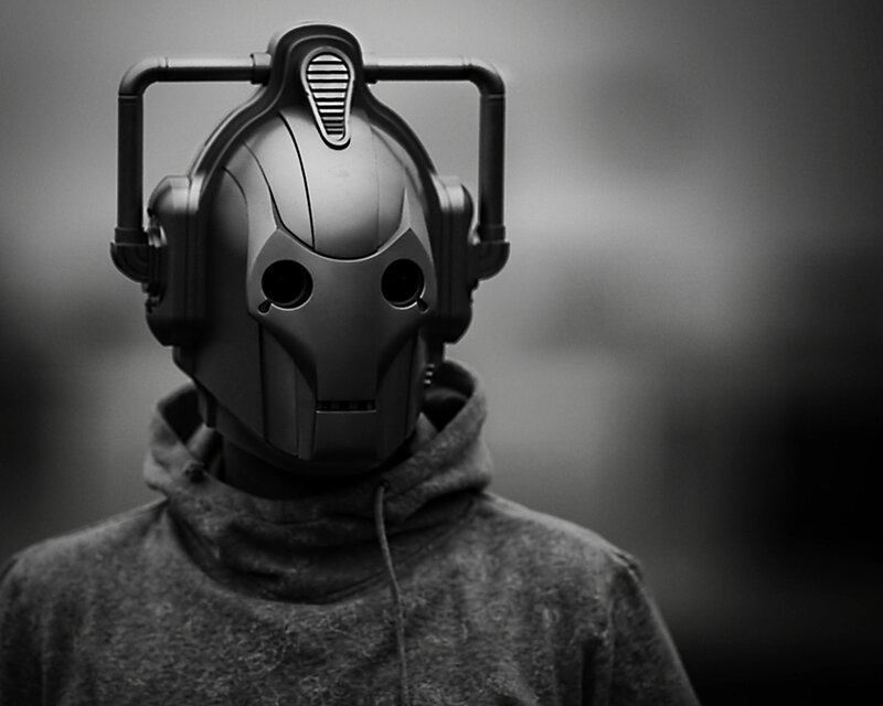person in robot mask