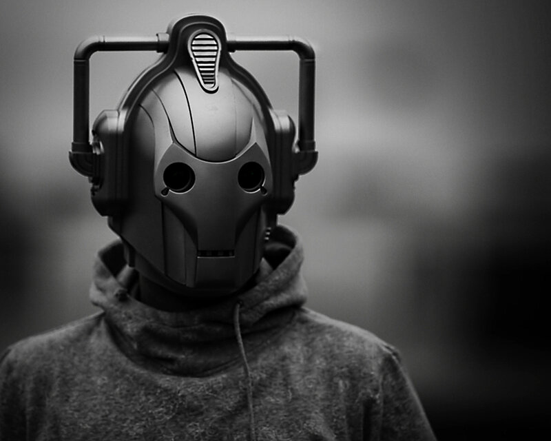 person in robotic mask
