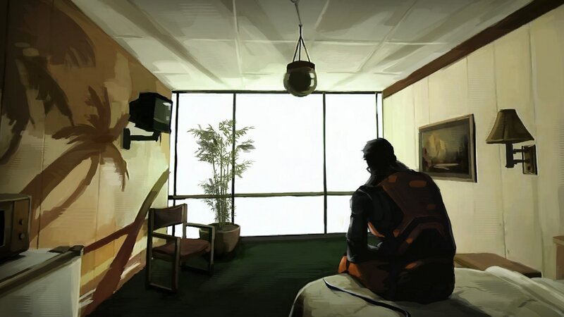 person in room looking out window