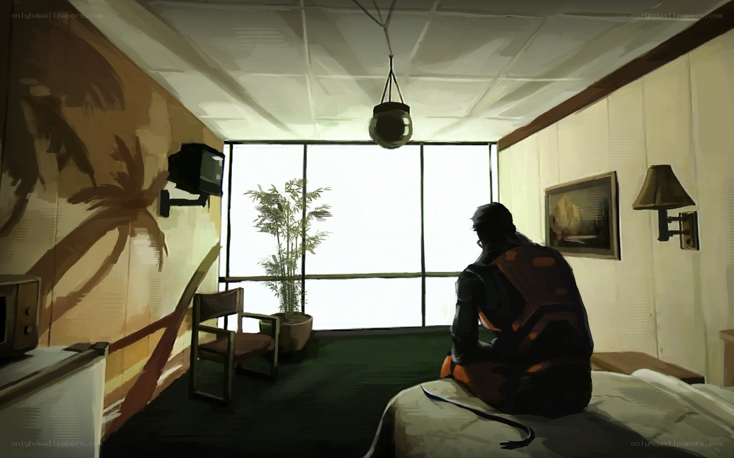 person in room looking out window