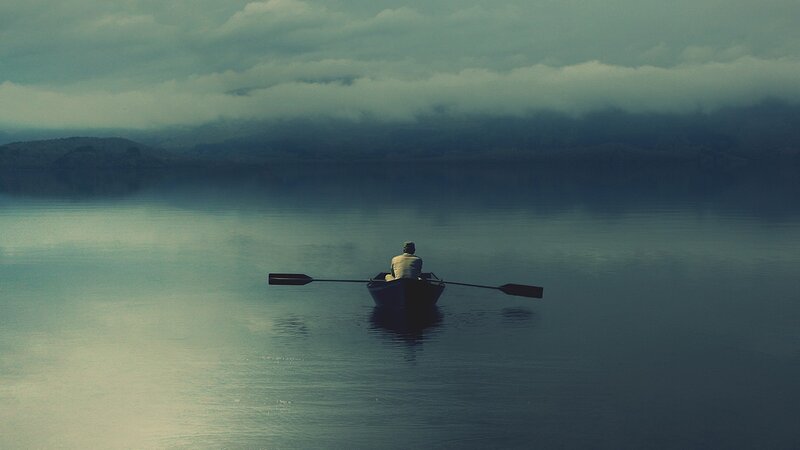 Person in Rowboat — Blue, Serene, Morning