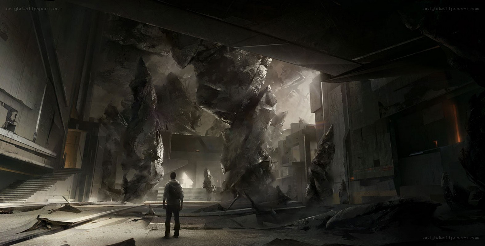 person in ruined building