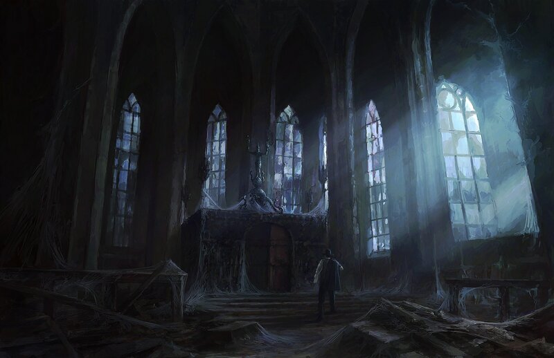 Person in Ruined Cathedral — Dark Blue