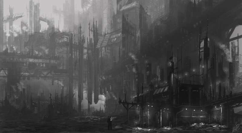 Person in Ruined City — Black, Dramatic