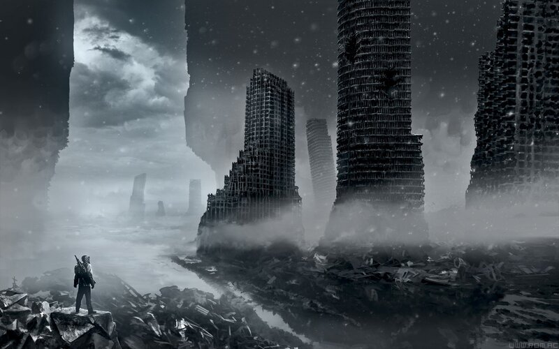 Person in Ruined City — Black, Dramatic, Winter