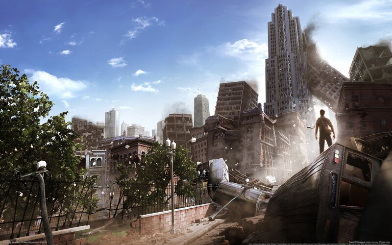 Person in Ruined City — Blue
