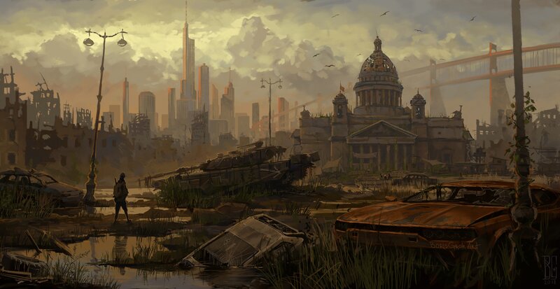 Person in Ruined City — Brown, Apocalyptic, Sunset