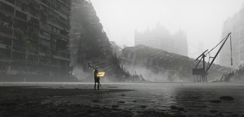 Person in Ruined City — Gray, Dramatic, Digital Art, Ruined Buildings