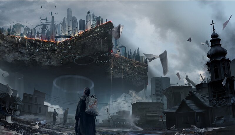 Person in Ruined City — Gray, Dramatic, Digital Art