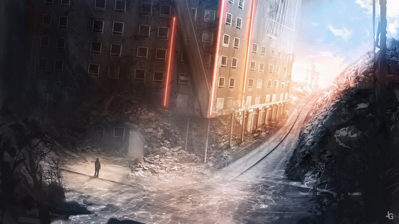 Person in Ruined City — Gray, Dramatic, Sunset, Digital Art, Building