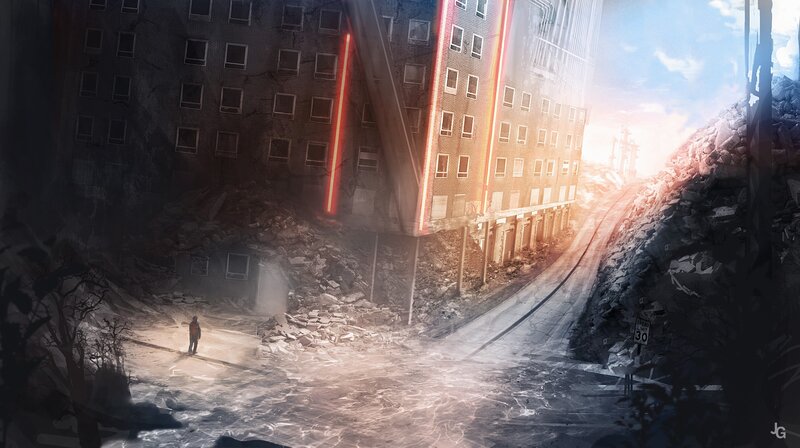 Person in Ruined City — Gray, Dramatic, Sunset, Digital Art, Ruined Buildings, Debris, Road