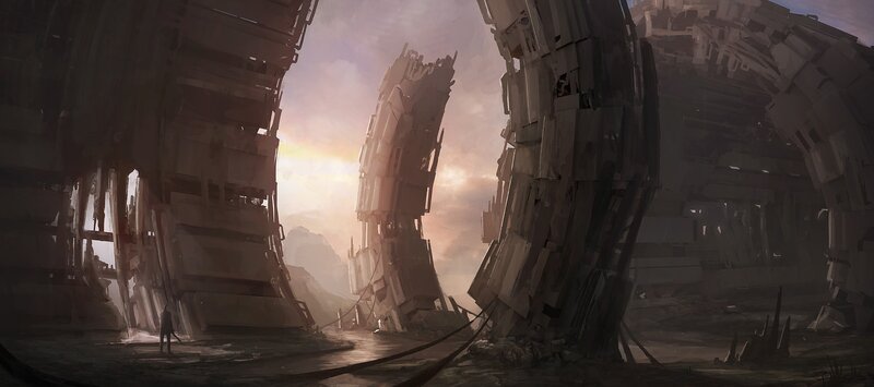 Person in Ruined City — Gray, Dramatic, Sunset, Digital Art