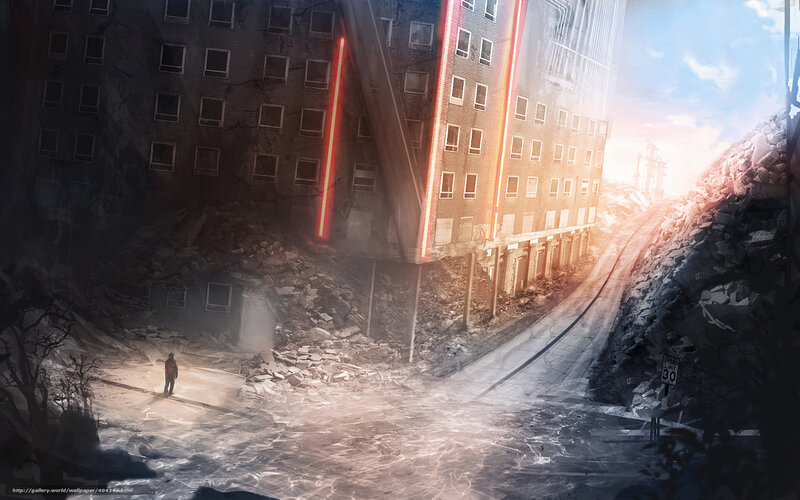 Person in Ruined City — Gray, Dramatic, Sunset