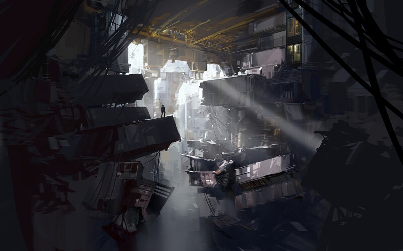 Person in Ruined City — Gray, Dramatic