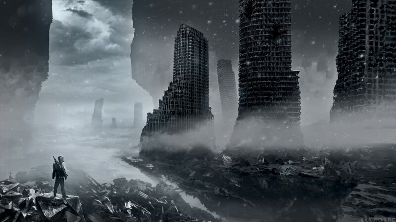 Person in Ruined City — Gray, Dramatic, Winter, Digital Art, Ruins, Skyscrapers
