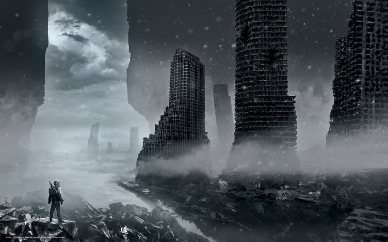 Person in Ruined City — Gray, Dramatic, Winter, Digital Art