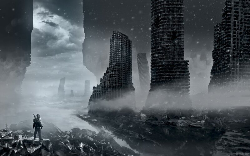 Person in Ruined City — Gray, Dramatic, Winter