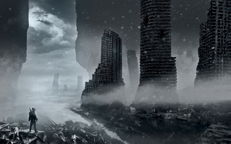 Person in Ruined City — Gray