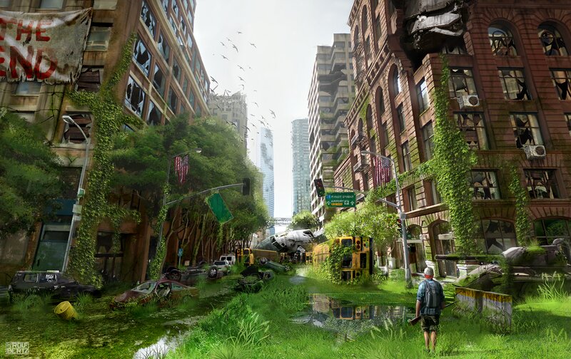 Person in Ruined City — Green, Desolate, Afternoon
