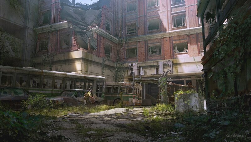 Person in Ruined City — Green, Desolate