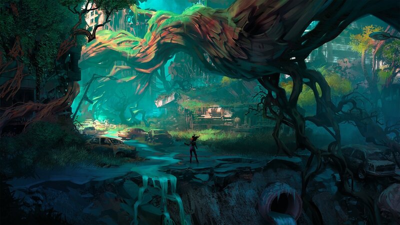 Person in Ruined City — Green, Dramatic