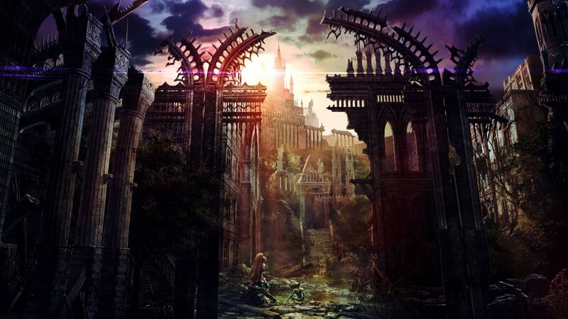 Person in Ruined City — Purple, Dramatic