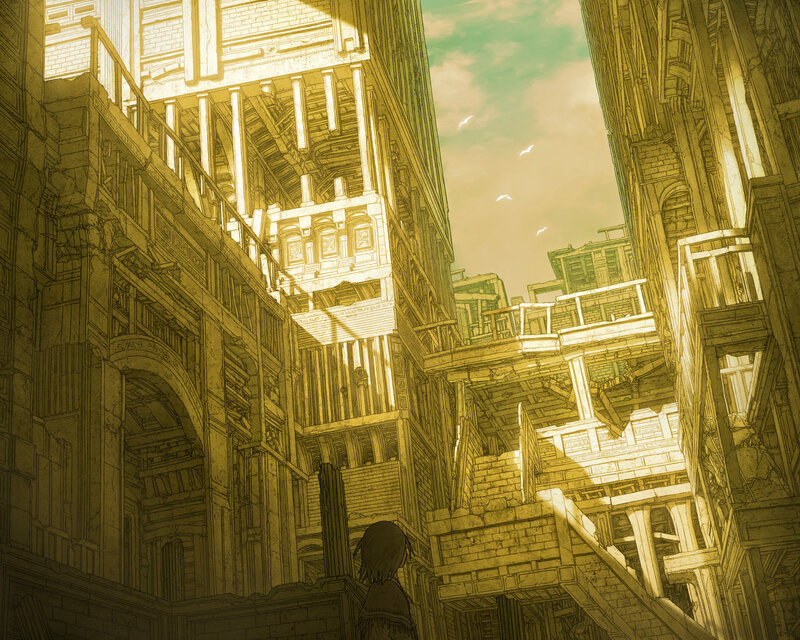 Person in Ruined City — Yellow