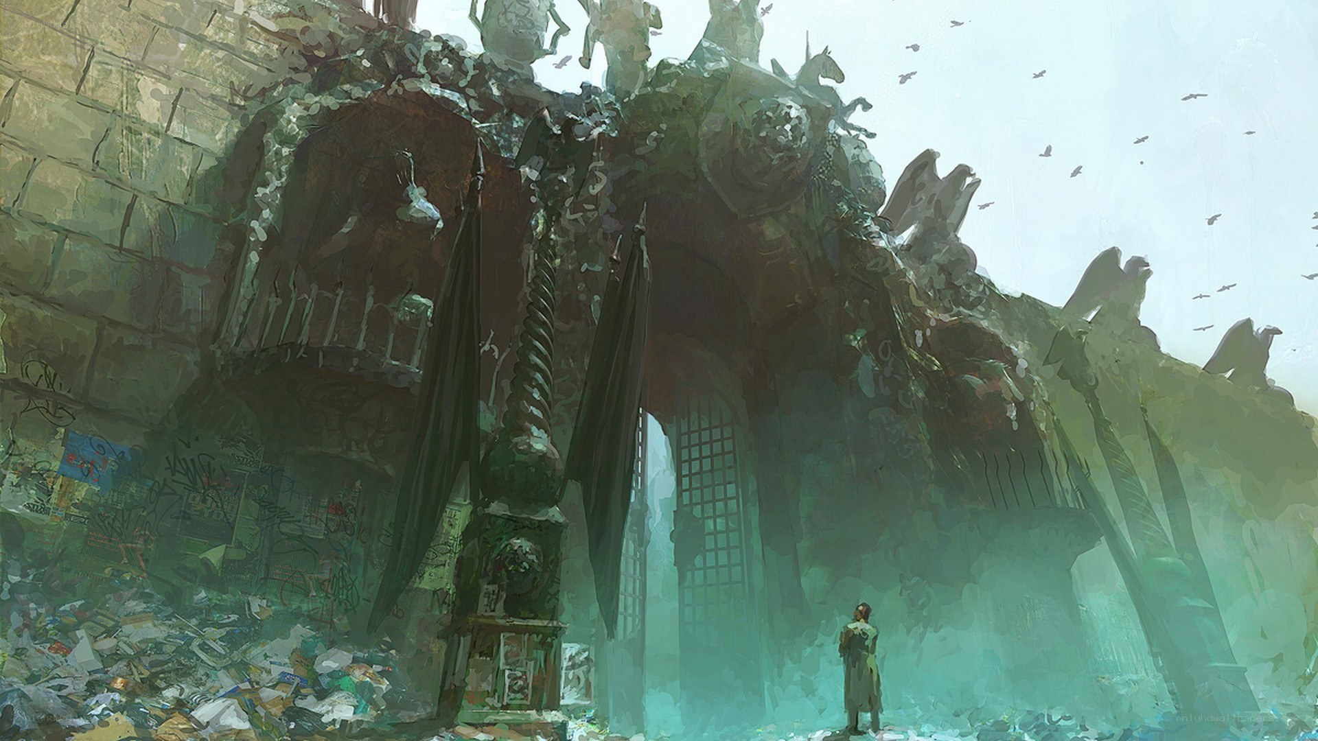 person in ruined city