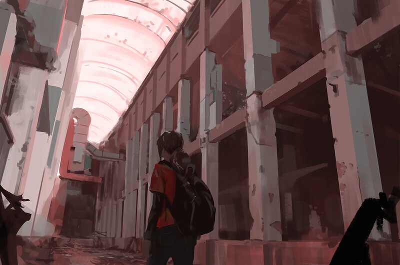 Person in Ruined Corridor