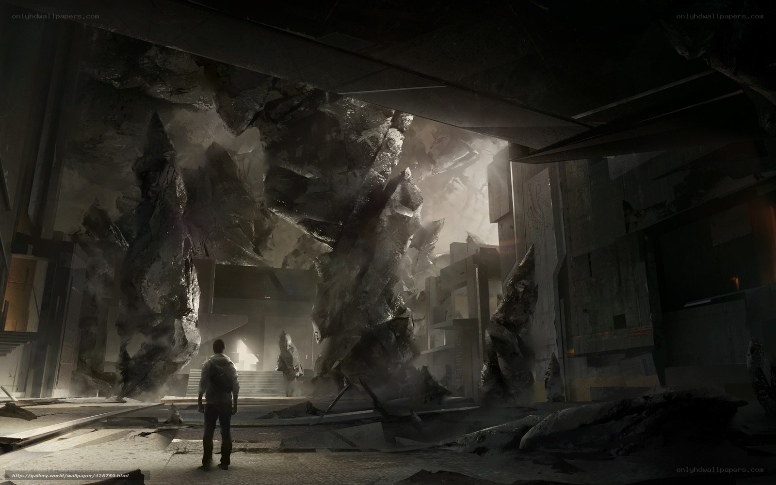 person in ruined futuristic building