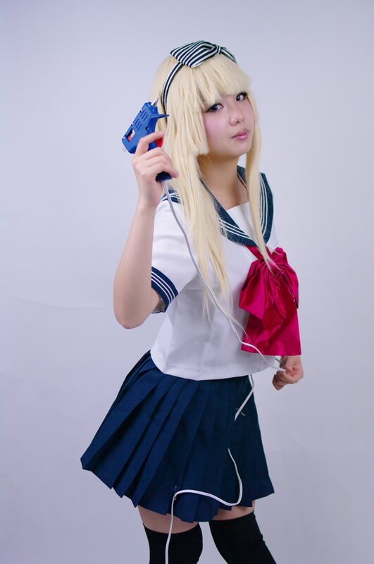 Person in School Uniform — White, Neutral, Photograph, Blonde Wig
