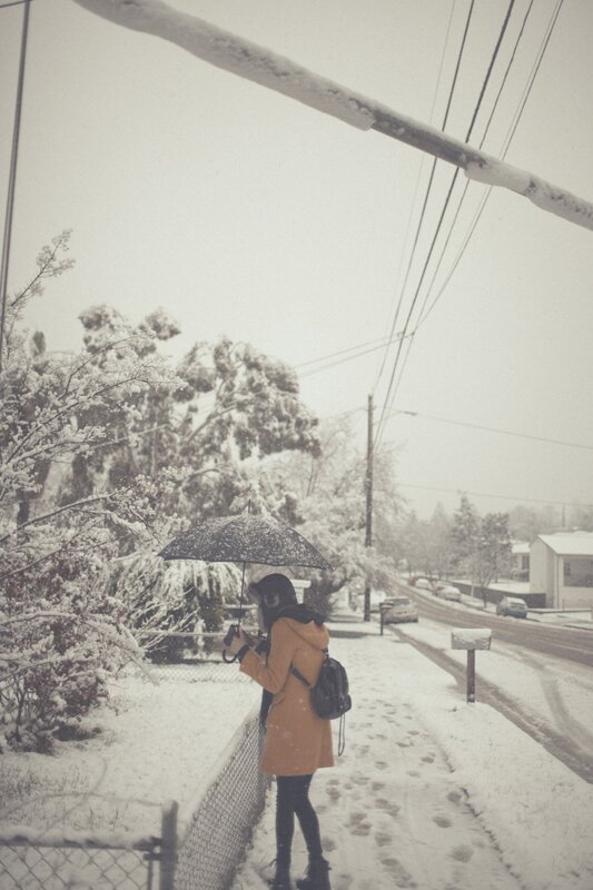 person in snow with umbrella