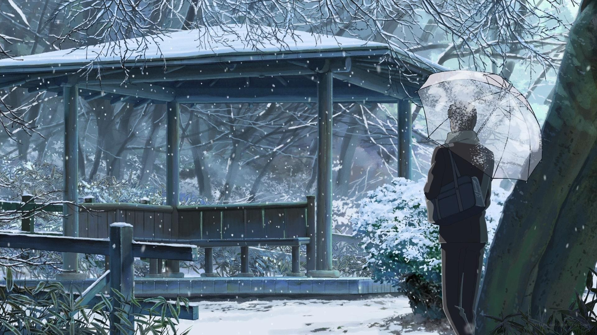 person in snow with umbrella