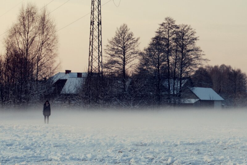 Person in snowy field at dusk
