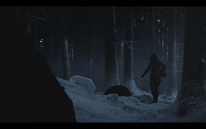 person in snowy forest at night