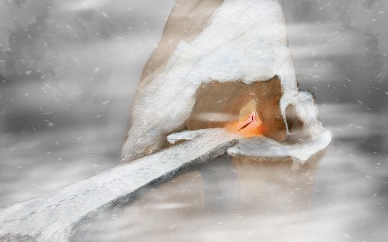 person in snowy shelter