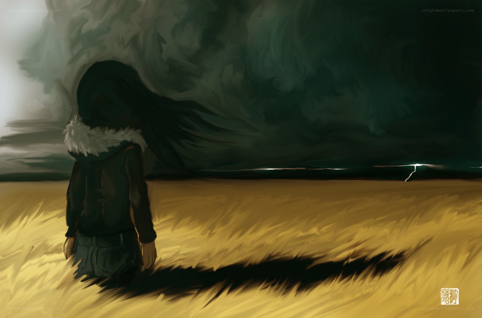 person in stormy field