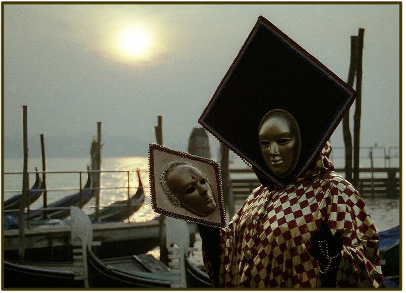 Person in Venetian Mask — Black, Dramatic, Sunset