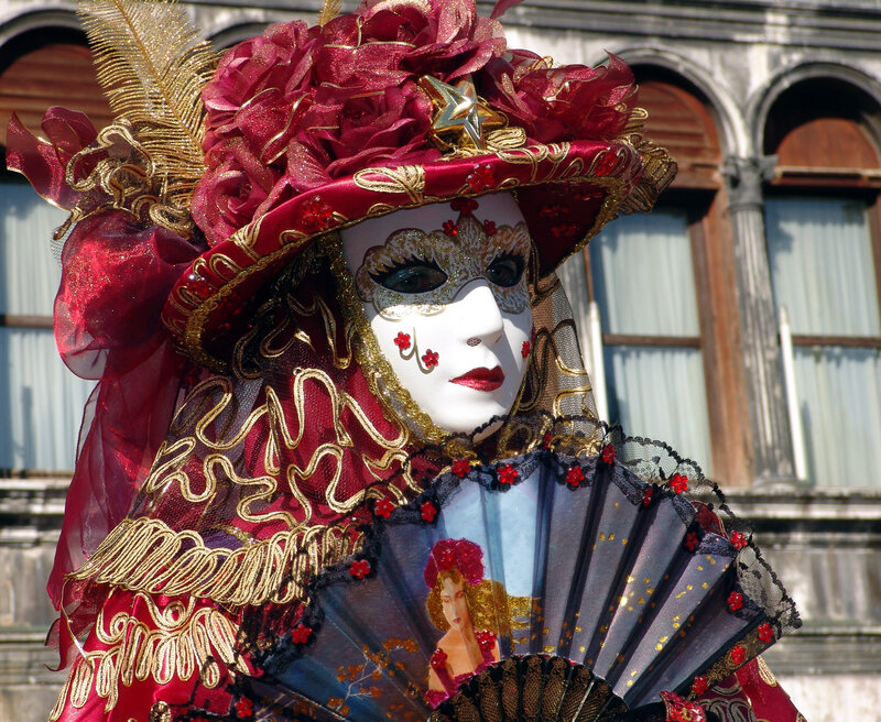 Person in Venetian Mask — Red, Dramatic, Afternoon