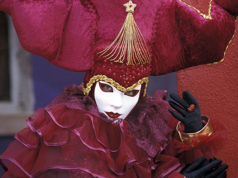 Person in Venetian Mask — Red, Dramatic, Photograph, Costume, Gloves