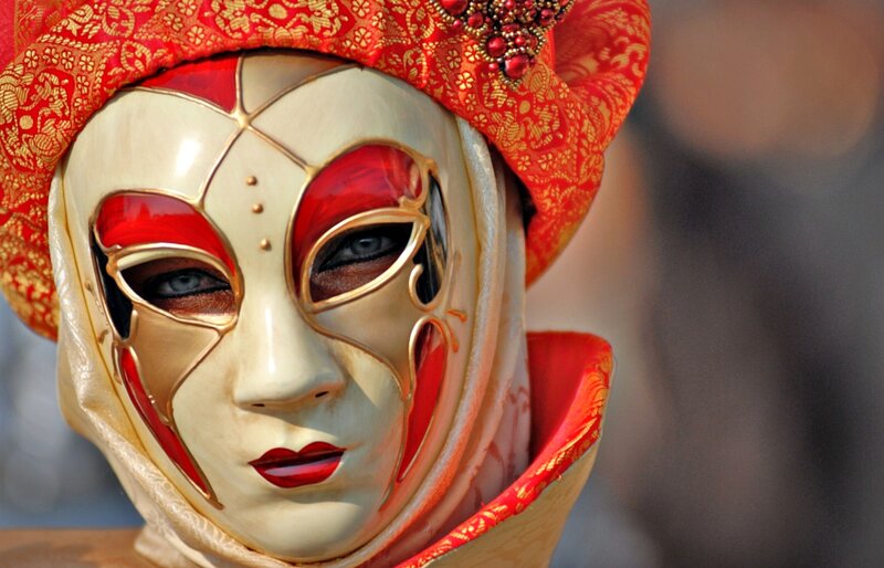 Person in Venetian Mask — Red, Dramatic, Photograph