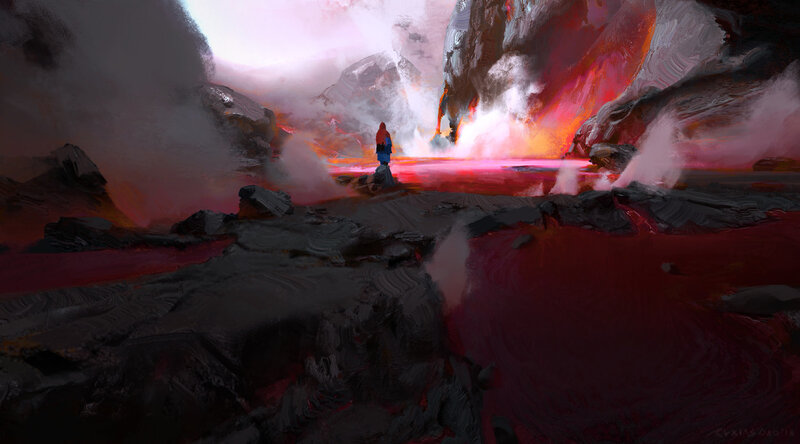 Person in Volcanic Landscape — Red