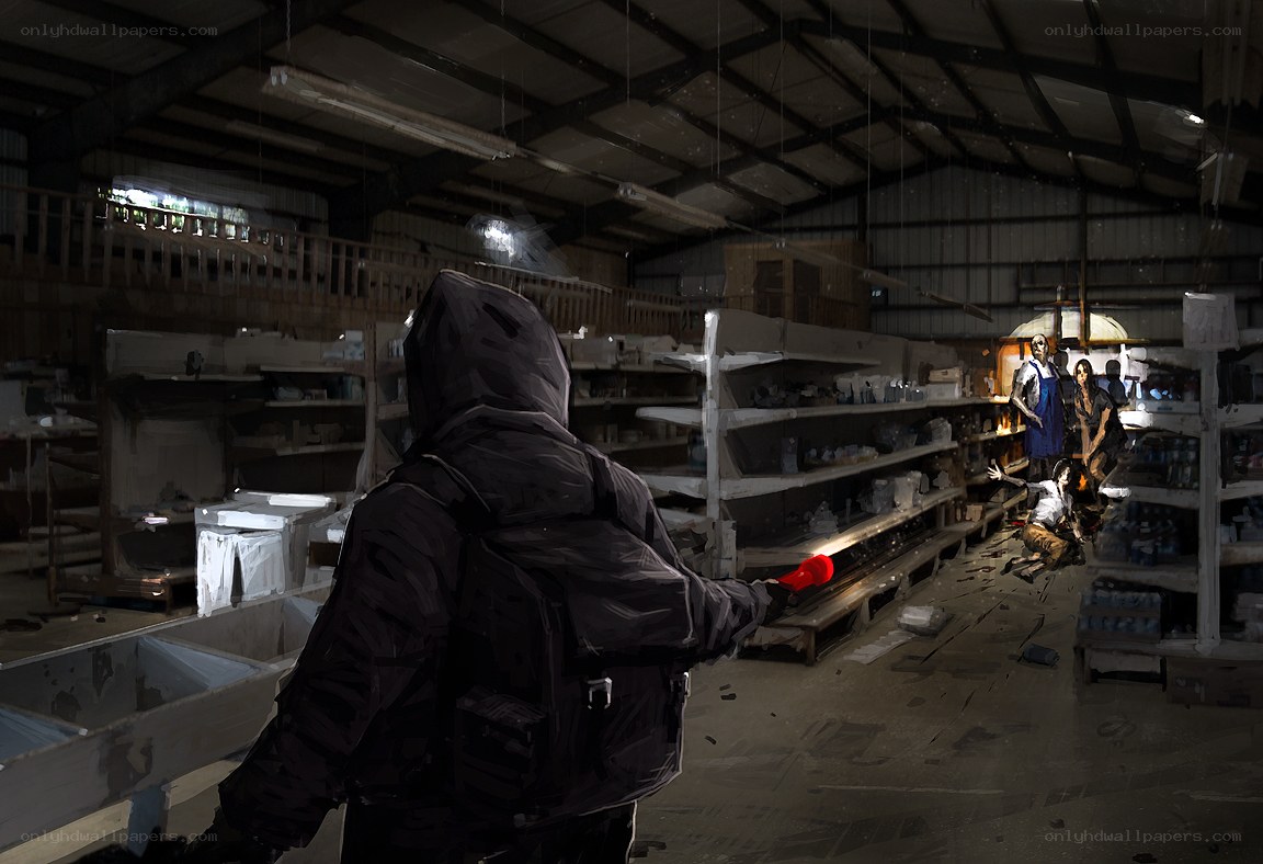 Person in warehouse with zombies