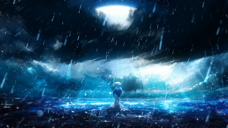 Person in Water at Night — Blue, Dramatic