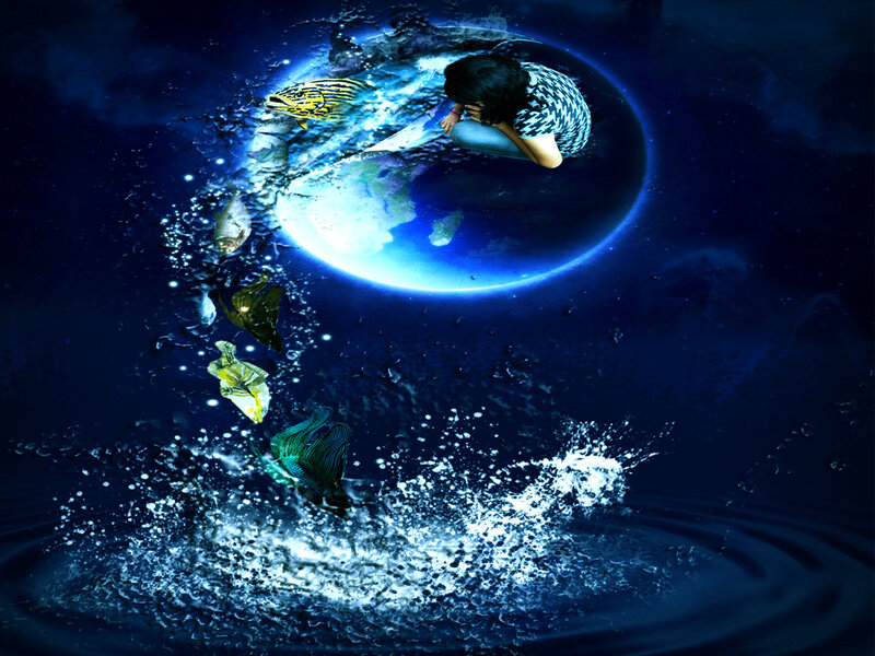person in water with fish