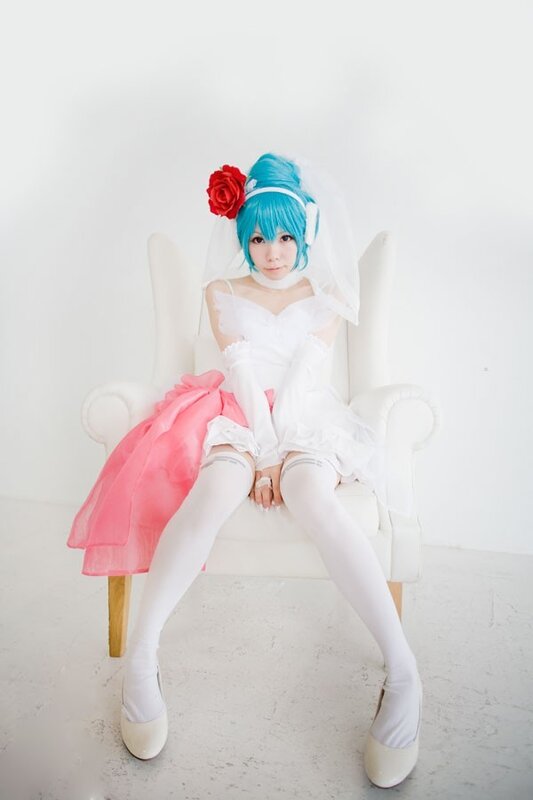 Person in Wedding Costume — White, Serene, Photograph, Blue Wig
