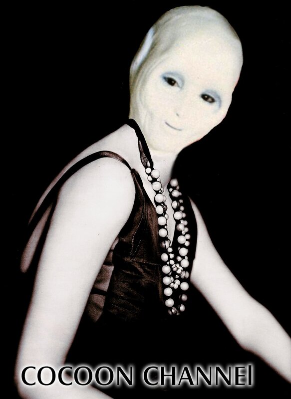 person in white mask with beads