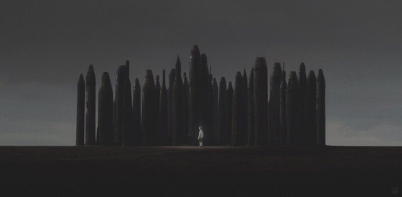 Person in White Suit — Gray, Dramatic