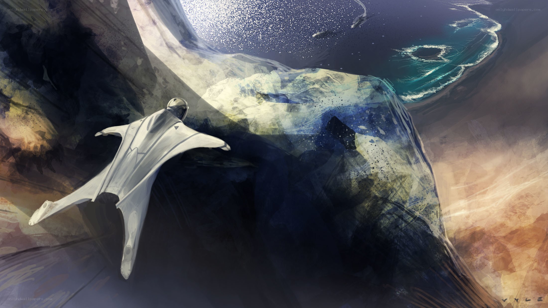 person in wingsuit over ocean